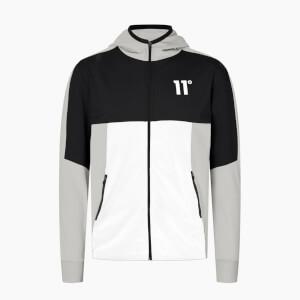 11 Degrees Cut And Sew Colour Block Full Zip Poly Track Top With Hood – Black / Vapour Grey / White