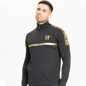 11 Degrees Mixed Fabric Taped Full Zip Funnel Neck Top – Black / Gold