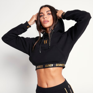 11 Degrees Womens Signature Cropped Pullover Hoodie – Black / Gold