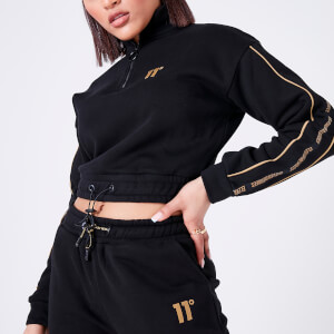 Taped Quarter Zip Cropped Sweatshirt – Black/Gold