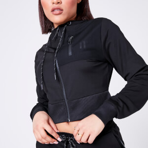 Mesh Pocket Cropped Poly Track Top With Hood – Black