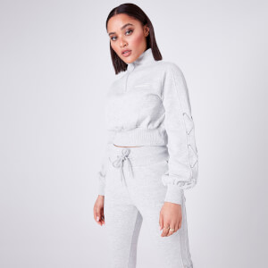 Volume Sleeve Lace Up Detail Cropped Quarter Zip Sweatshirt – Grey Marl