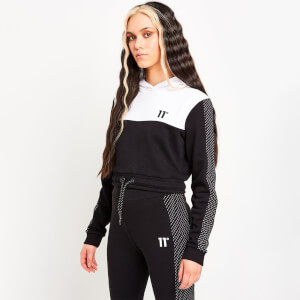 Women's Mesh Cut And Sew Cropped Pullover Hoodie – Black/White