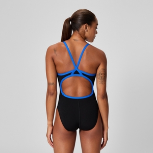 Maillot d’entraînement une pièce couleur unie Flyback Endurance+ pour femmes, noir/bleu