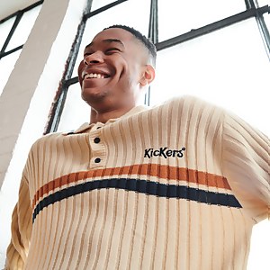 Men's knit polo with stripe chest logo Cream - S