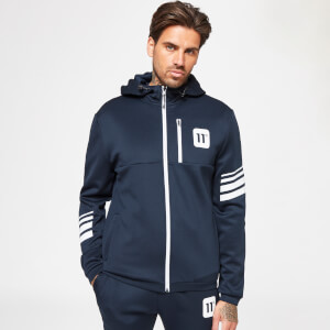 11 Degrees Stripe Print Track Top With Hood – Navy / White Reflective