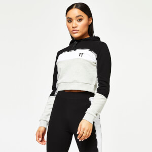 Taped Cut And Sew Cropped Pullover Hoodie – Grey Marl/Black/White