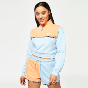 11 Degrees Womens Taped Colour Block Cropped Quarter-Zip Sweatshirt – Baby Blue / Coral