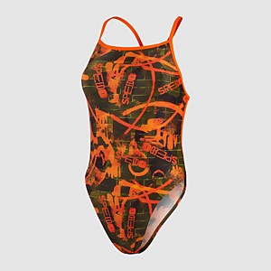 Damen Allover V-Back Badeanzug Orange/Grün