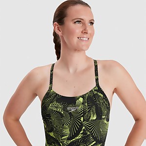 Frauen Allover Fixed Crossback Badeanzug Schwarz/Grün