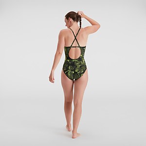Frauen Allover Fixed Crossback Badeanzug Schwarz/Grün