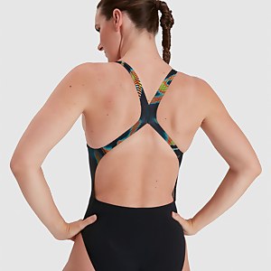 Damen Placement Powerback Badeanzug Schwarz/Grün
