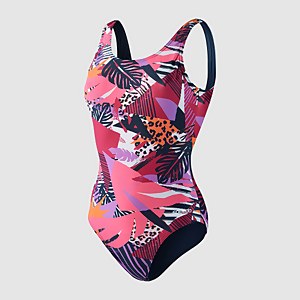 Maillot de bain Femme Allover dos en U bleu marine/rose
