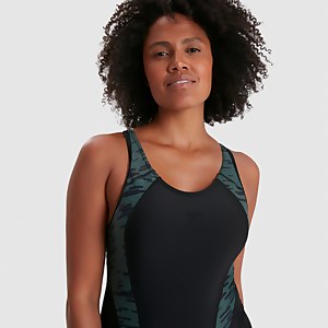 Damen Panel Laneback Badeanzug Schwarz/Grün