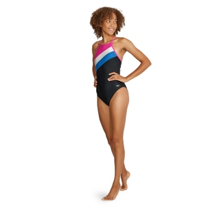 Women's High Neck Colorblock Tie Back One Piece Black