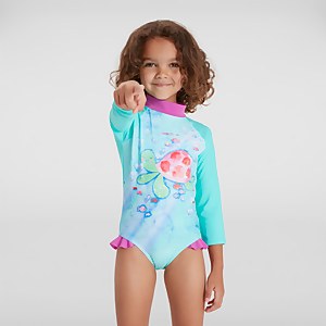 Maillot de bain Fille à froufrous à manches longues vert/rose
