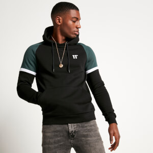 11 Degrees Cut and Sew Pullover Hoodie – Black/Darkest Spruce Green/White