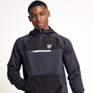 11 Degrees Mixed Fabric Quarter Zip Track Top with Hood – Navy/Black