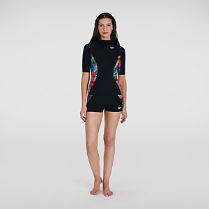 Bedrucktes kurzärmliges Rash Top Schwarz/Pink für Damen