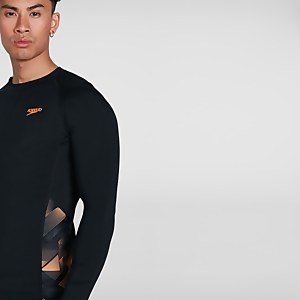 Bedrucktes langärmliges Rash Top Schwarz/Orange für Herren