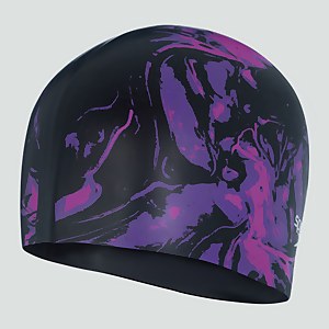 Bedruckte Badekappe für langes Haar Schwarz/Violett für Erwachsene - ONE SIZE