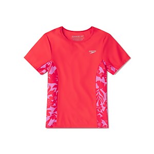 Girl's Short Sleeve Print Splice Rashguard Red - L