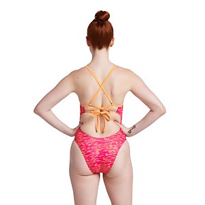 Monopièce à motif imprimé double dentelle au dos pour femmes, orange