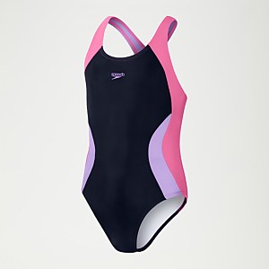 Farbblock Spiritback Badeanzug für Mädchen Marineblau/Flieder