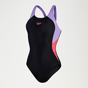 Farbblock Splice Muscleback Badeanzug für Damen Schwarz/Flieder