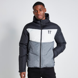 11 Degrees Large Panelled Colour Block Puffer Jacket - Black / White / Shadow Grey