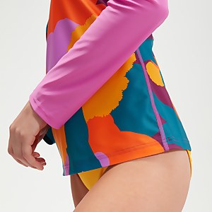 Bedrucktes langärmliges Schwimm-Shirt für Damen Türkis/Mango