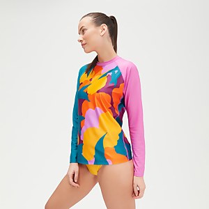 Bedrucktes langärmliges Schwimm-Shirt für Damen Türkis/Mango