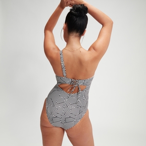 Formender bedruckter asymmetrischer Badeanzug für Damen Schwarz/Weiß