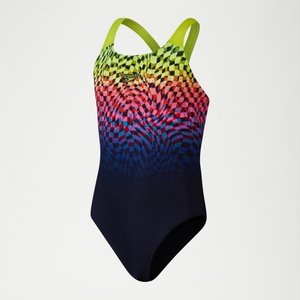 Girls Digital Placement Powerback Swimsuit Black/Green - 13-14