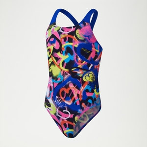 Girls Digital Allover Powerback Swimsuit Blue/Pink - 13-14