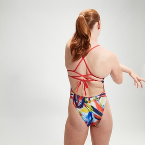 All-Over Digital-Badeanzug mit Gittermuster und Binderücken für Damen Rot/Blau/Grün