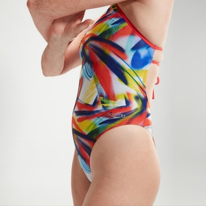 All-Over Digital-Badeanzug mit Gittermuster und Binderücken für Damen Rot/Blau/Grün