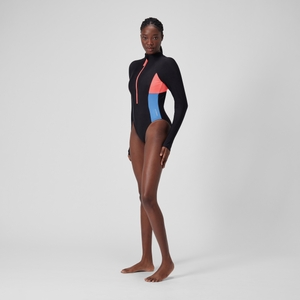 Women's Long Sleeve Colorblock Zip One Piece Black
