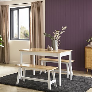 Melrose 4 Seater Oak Effect Dining Table & 2 Bench Set - Oak & White