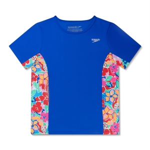 Girl's Short Sleeve Printed Splice Rashguard Blue