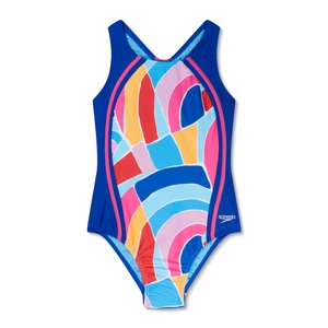 Girls Printed Sport Splice One Piece Blue - 7