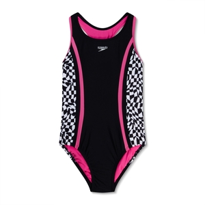 Girls Print Spliced Racerback One Piece Black