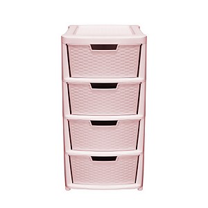 Large 4 Drawer Storage Tower - Rattan Effect - Pink