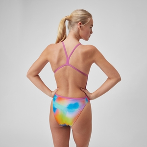 Damen Badeanzug mit V-Rücken und digitalem Allover-Print Pink/Gelb