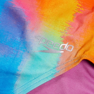 Damen Badeanzug mit V-Rücken und digitalem Allover-Print Pink/Gelb