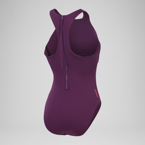 Maillot de bain Racer Zip pour Femmes avec soutien-gorge intégré Prune dandy/Rouge sirène