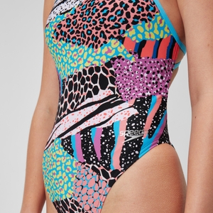 Maillot de bain à nouer au dos Allover Digital pour Femmes Noir/Vert matcha/Rouge sirène