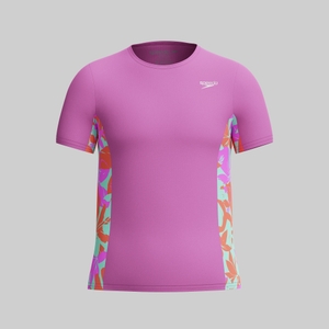 Girl's Printed Short Sleeve Splice Rashguard Pink - XS