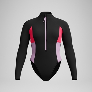 Women's Colourblock Long Sleeve Zip Swimsuit Black/Red