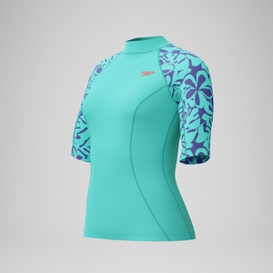Bedrucktes kurzärmliges Rash-Top Türkis für Damen